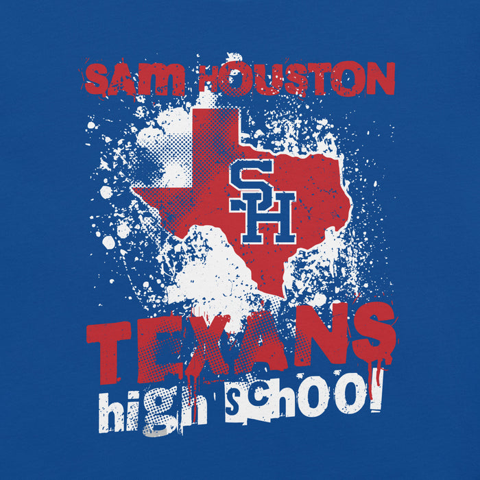 Close-up view of Sam Houston High School Texans Royal Blue Premium Unisex T-shirt 205