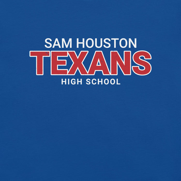 A blue graphic print featuring the text 'SAM HOUSTON TEXANS HIGH SCHOOL' in white and red lettering.
