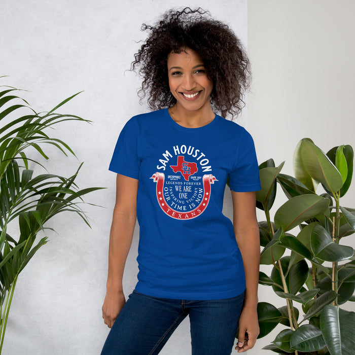 Woman wearing Sam Houston High School Texans Royal Blue Premium Unisex T-shirt 229