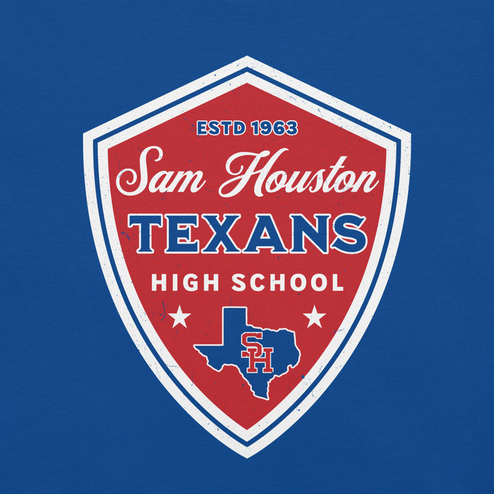 Close-up view of Sam Houston High School Texans Royal Blue Premium Unisex T-shirt 225