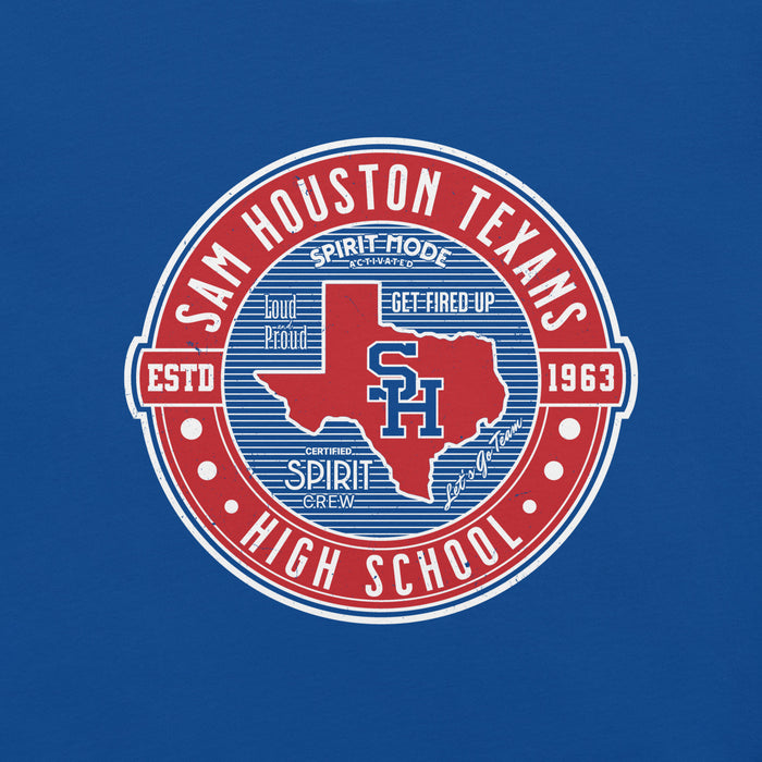 Close-up view of Sam Houston High School Texans Royal Blue Premium Unisex T-shirt 224