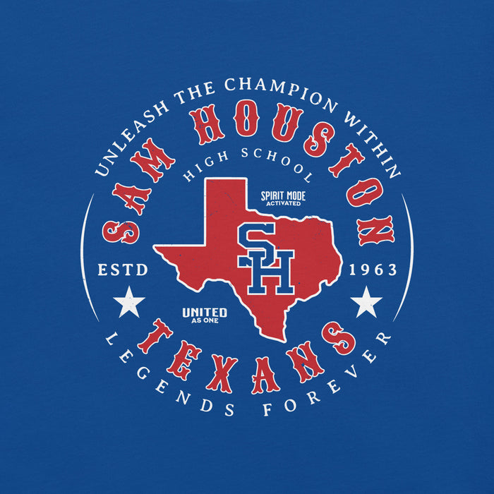 Close-up view of Sam Houston High School Texans Royal Blue Premium Unisex T-shirt 214