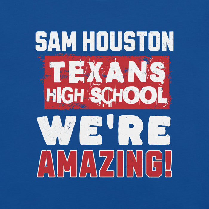 Close-up view of Sam Houston High School Texans Royal Blue Premium Unisex T-shirt 231