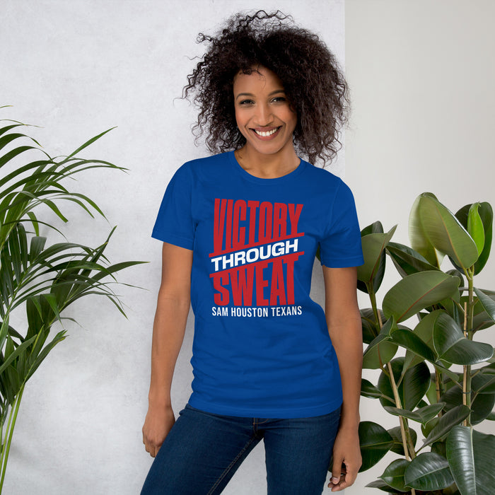 Woman wearing Sam Houston High School Texans Royal Blue Premium Unisex T-shirt 241