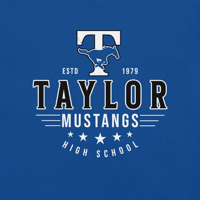 Close-up view of Taylor High School Mustangs Royal Blue Premium Unisex T-shirt 217