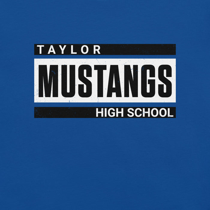 Close-up view of Taylor High School Mustangs Royal Blue Premium Unisex T-shirt 098