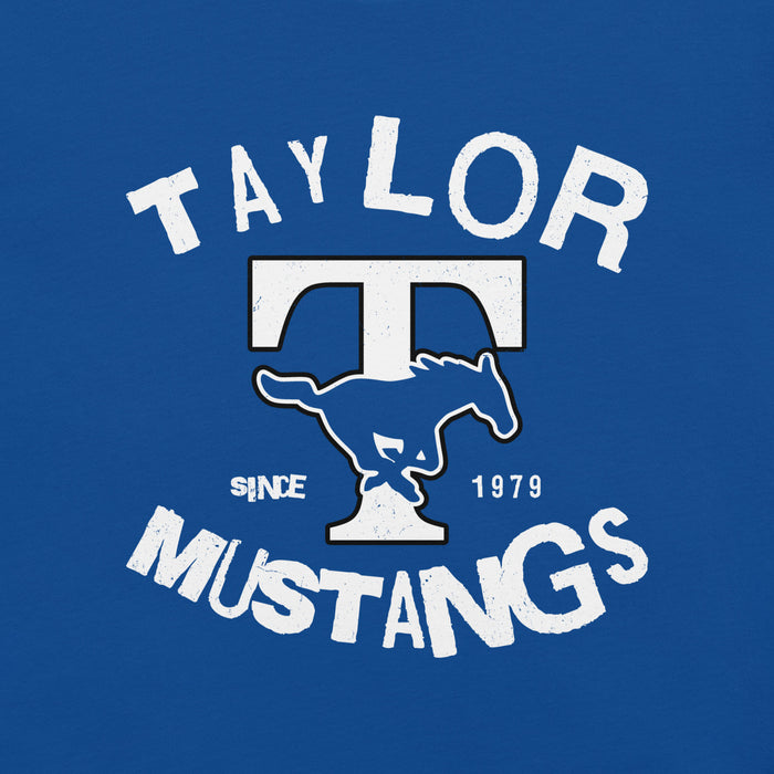 Close-up view of Taylor High School Mustangs Royal Blue Premium Unisex T-shirt 228