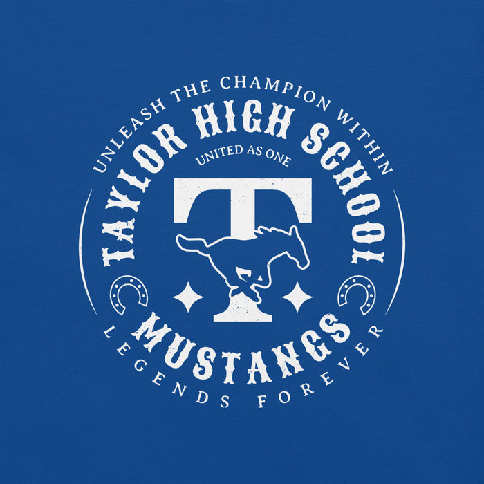 Close-up view of Taylor High School Mustangs Royal Blue Premium Unisex T-shirt 214