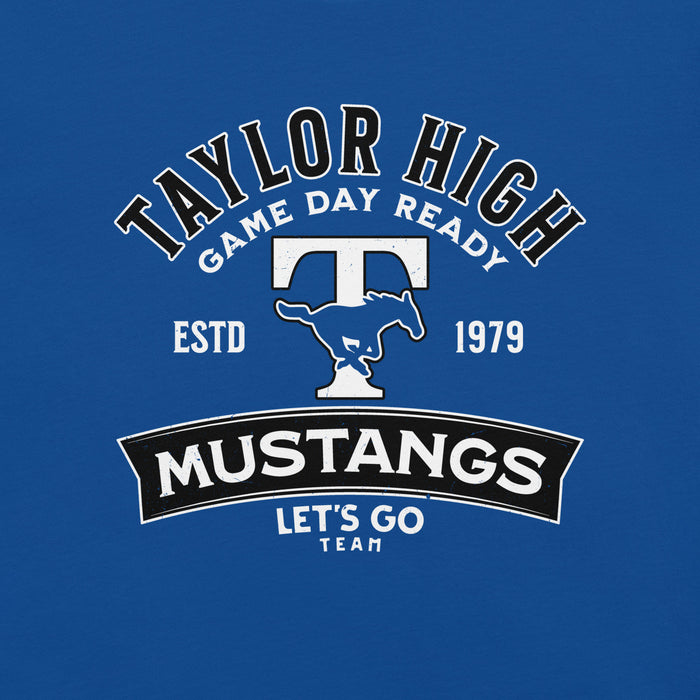 Close-up view of Taylor High School Mustangs Royal Blue Premium Unisex T-shirt 221
