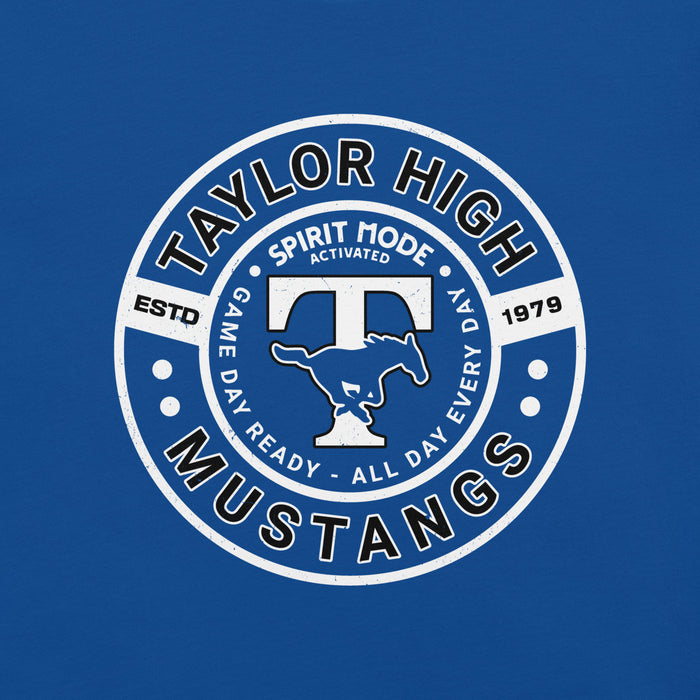 Close-up view of Taylor High School Mustangs Royal Blue Premium Unisex T-shirt 239