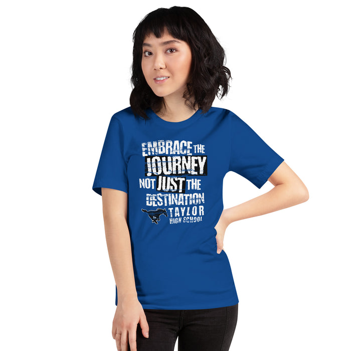 Woman wearing Taylor High School Mustangs Royal Blue Premium Unisex T-shirt 232