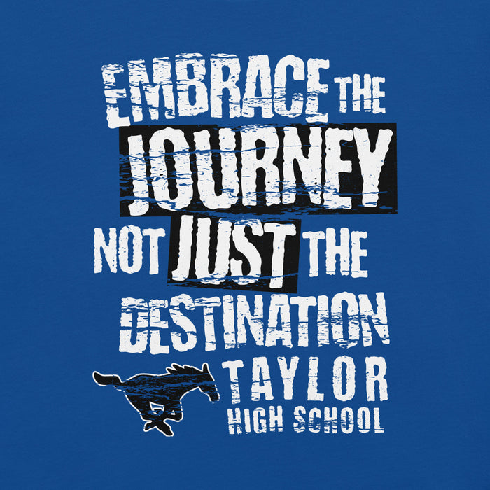Close-up view of Taylor High School Mustangs Royal Blue Premium Unisex T-shirt 232