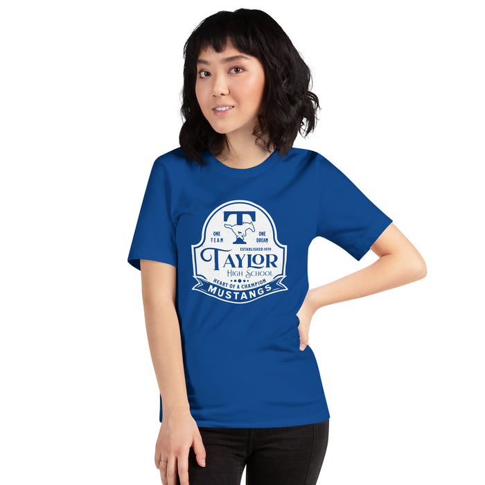 Woman wearing Taylor High School Mustangs Royal Blue Premium Unisex T-shirt 219