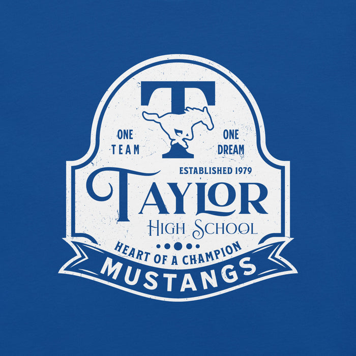 Close-up view of Taylor High School Mustangs Royal Blue Premium Unisex T-shirt 219