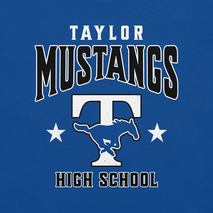 Close-up view of Taylor High School Mustangs Royal Blue Premium Unisex T-shirt 213