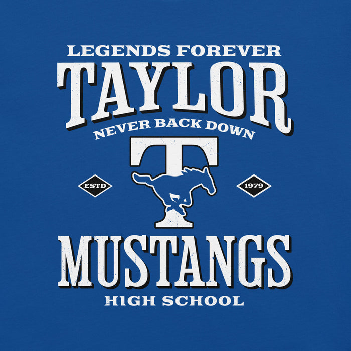 Close-up view of Taylor High School Mustangs Royal Blue Premium Unisex T-shirt 230
