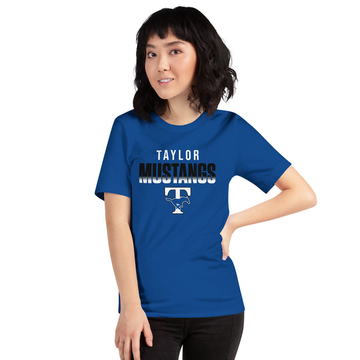 Woman wearing Taylor High School Mustangs Royal Blue Premium Unisex T-shirt 024