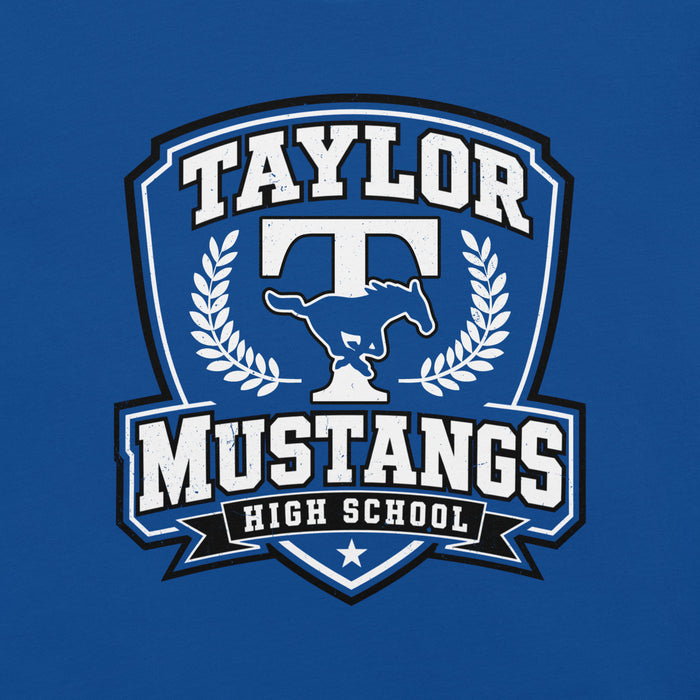 Close-up view of Taylor High School Mustangs Royal Blue Premium Unisex T-shirt 020