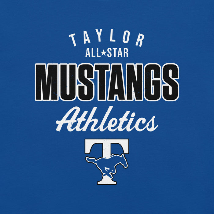Close-up view of Taylor High School Mustangs Royal Blue Premium Unisex T-shirt 034