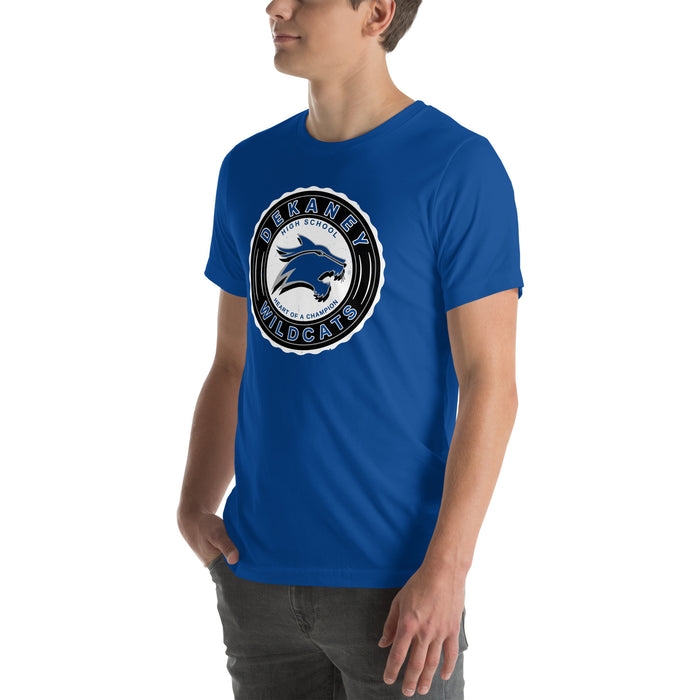 Man wearing Dekaney High School Wildcats Royal Blue Premium Unisex T-shirt 216