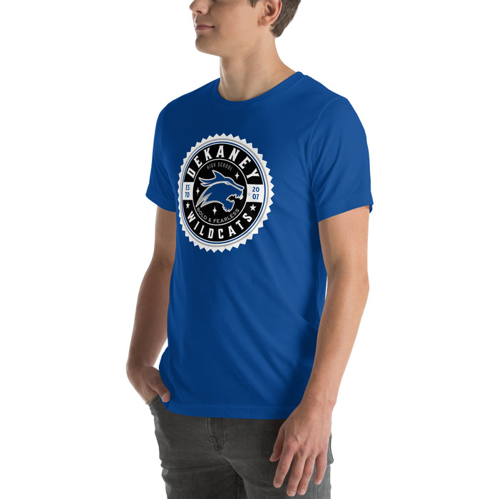 Man wearing Dekaney High School Wildcats Royal Blue Premium Unisex T-shirt 203