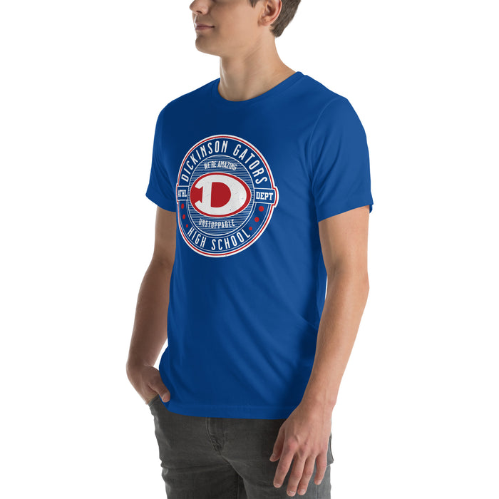 Man wearing Dickinson High School Gators Royal Blue Premium Unisex t-shirt 224