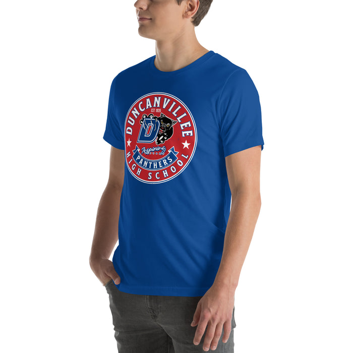 Man wearing Duncanville High School Panthers Royal Blue Premium Unisex T-shirt 215