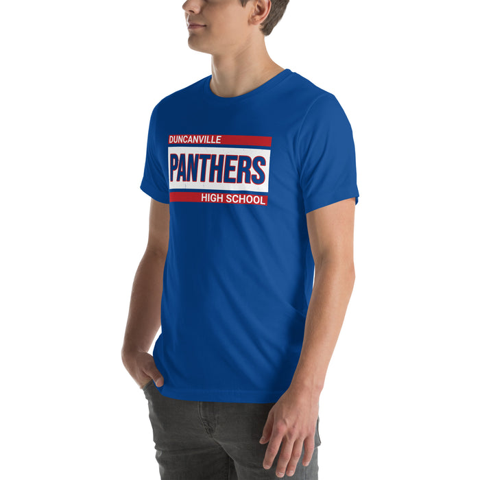Man wearing Duncanville High School Panthers Royal Blue Premium Unisex T-shirt 098