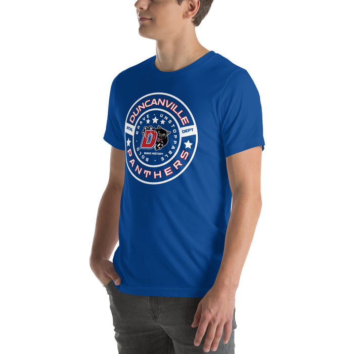 Man wearing Duncanville High School Panthers Royal Blue Premium Unisex T-shirt 239