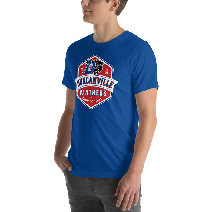 Man wearing Duncanville High School Panthers Royal Blue Premium Unisex T-shirt 209
