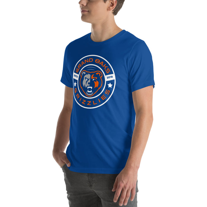 Man wearing Grand Oaks High School Grizzlies Premium Royal Blue Unisex T-shirt 239