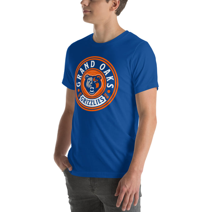 Man wearing Grand Oaks High School Grizzlies Premium Royal Blue Unisex T-shirt 220