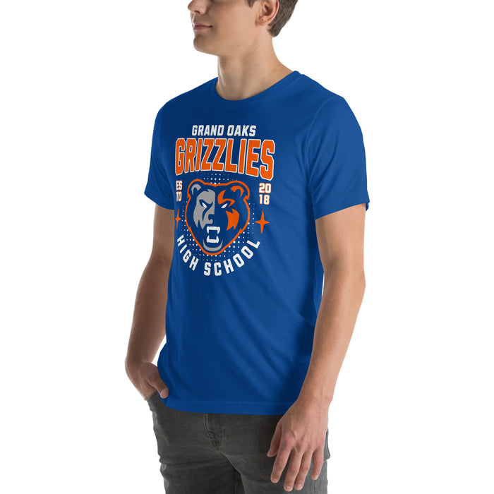 Man wearing Grand Oaks High School Grizzlies Premium Royal Blue Unisex T-shirt 204