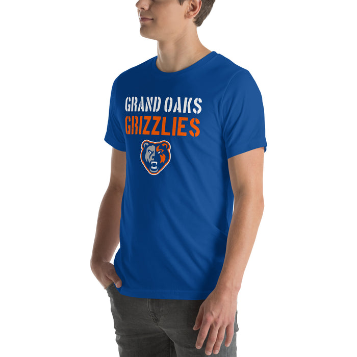 Man wearing Grand Oaks High School Grizzlies Premium Royal Blue Unisex T-shirt 017