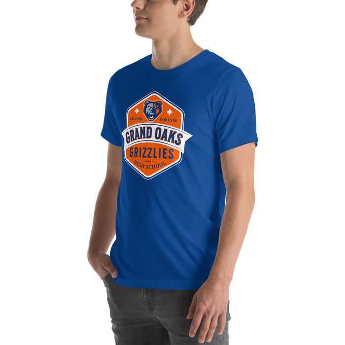 Man wearing Grand Oaks High School Grizzlies Premium Royal Blue Unisex T-shirt 209
