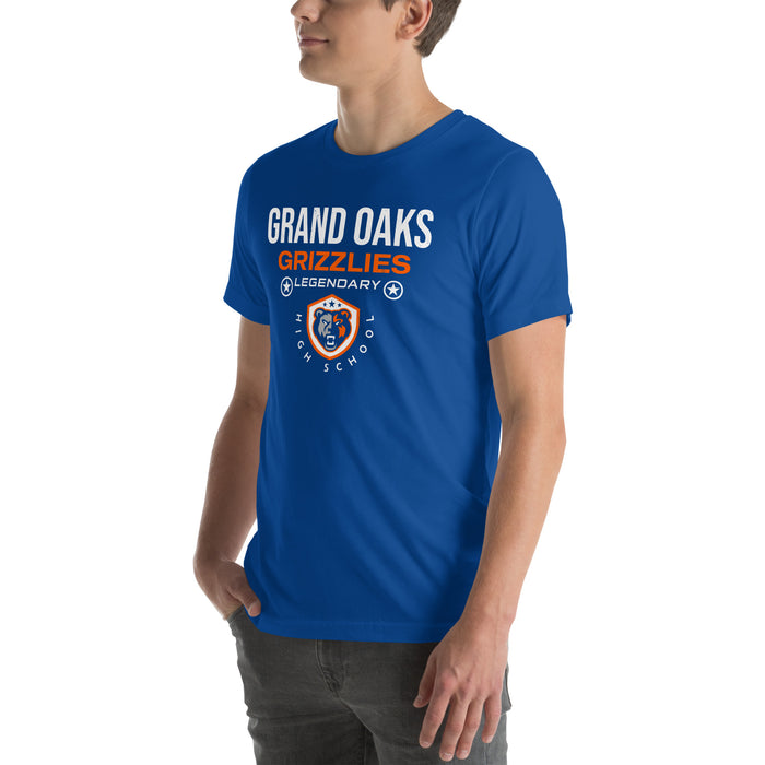Man wearing Grand Oaks High School Grizzlies Premium Royal Blue Unisex T-shirt 003