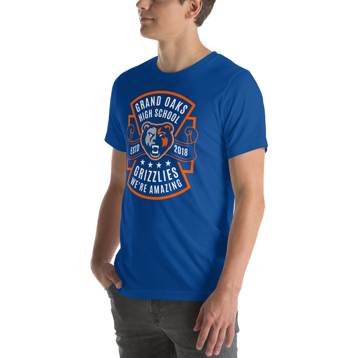Man wearing Grand Oaks High School Grizzlies Premium Royal Blue Unisex T-shirt 207