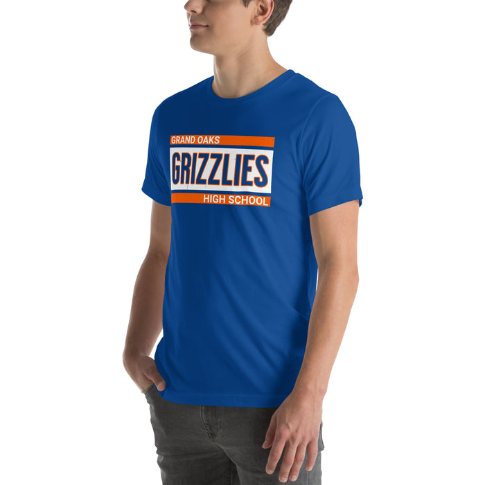 Man wearing Grand Oaks High School Grizzlies Premium Royal Blue Unisex T-shirt 098