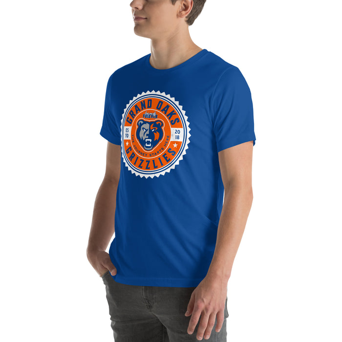 Man wearing Grand Oaks High School Grizzlies Premium Royal Blue Unisex T-shirt 203