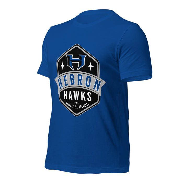Profile view of Hebron High School Hawks Royal Blue Premium Unisex T-shirt 209