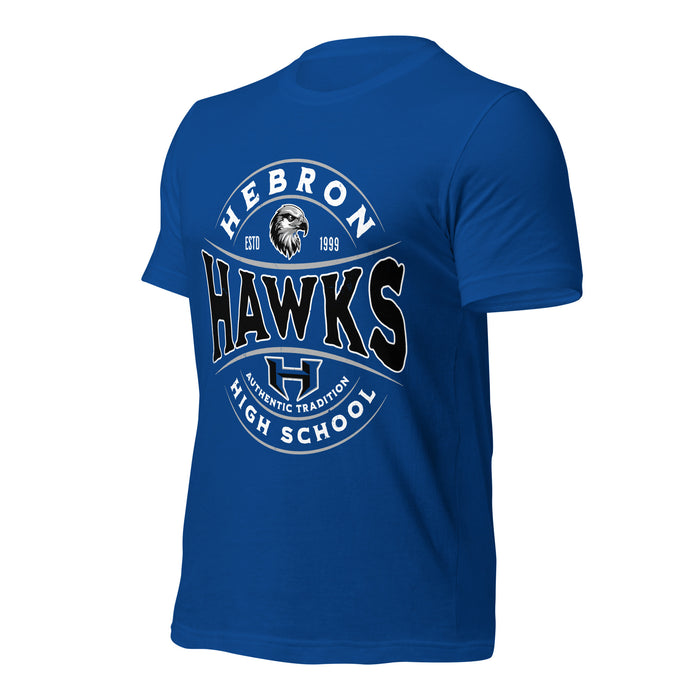 Profile view of Hebron High School Hawks Royal Blue Premium Unisex T-shirt 218