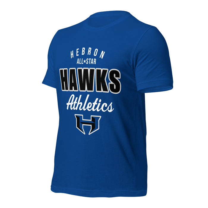 Profile view of Hebron High School Hawks Royal Blue Premium Unisex T-shirt 034