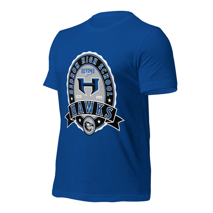 Profile view of Hebron High School Hawks Royal Blue Premium Unisex T-shirt 212