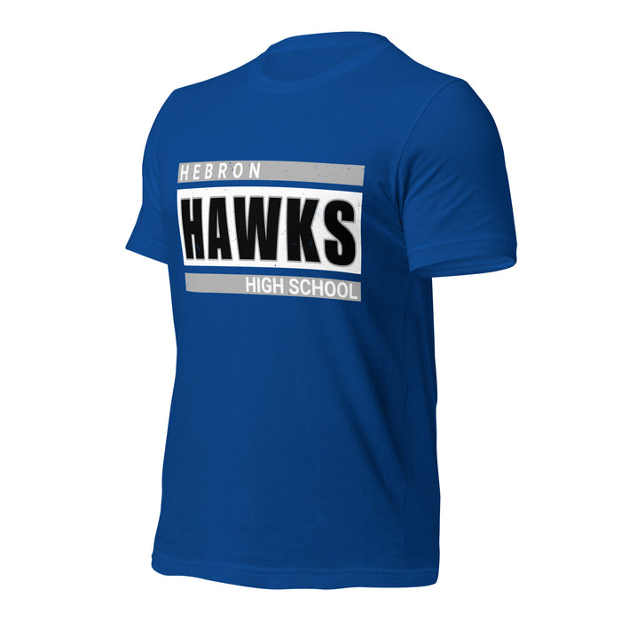 Profile view of Hebron High School Hawks Royal Blue Premium Unisex T-shirt 098