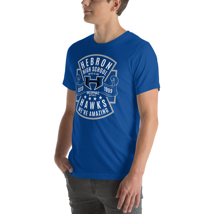 Man wearing Hebron High School Hawks Royal Blue Premium Unisex T-shirt 207