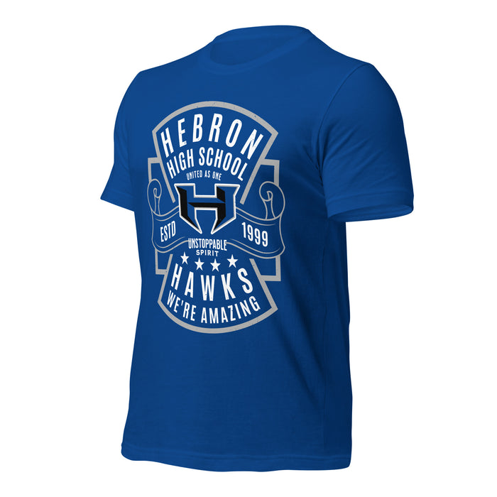 Profile view of Hebron High School Hawks Royal Blue Premium Unisex T-shirt 207