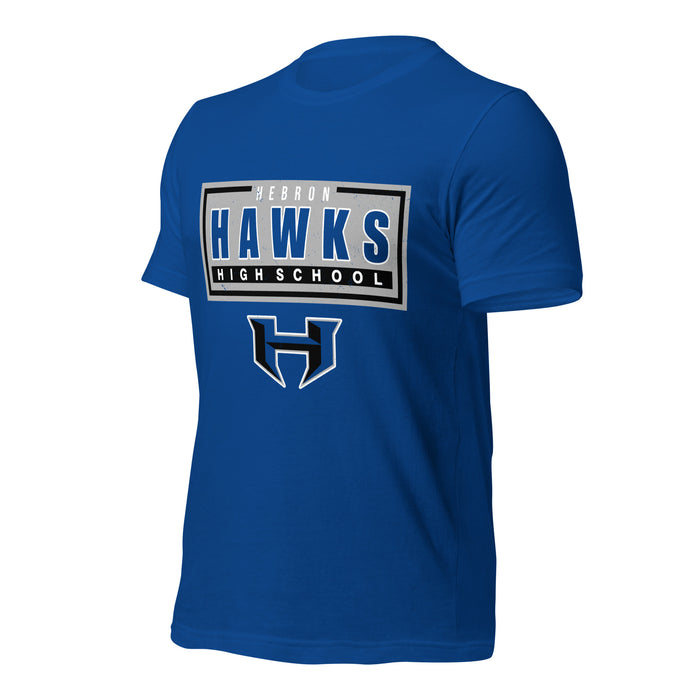 Profile view of Hebron High School Hawks Royal Blue Premium Unisex T-shirt 049