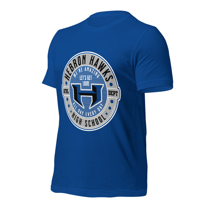 Profile view of Hebron High School Hawks Royal Blue Premium Unisex T-shirt 224