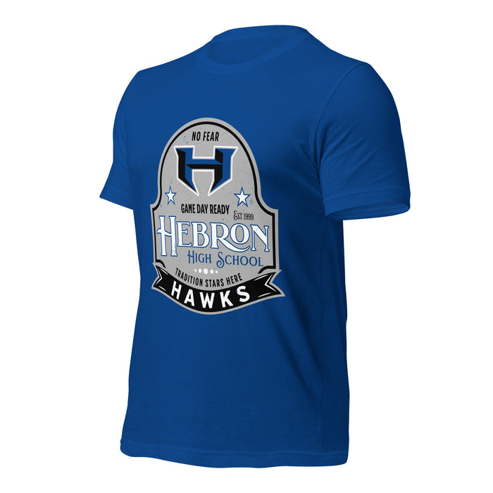 Profile view of Hebron High School Hawks Royal Blue Premium Unisex T-shirt 219