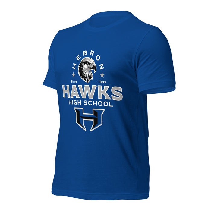 Profile view of Hebron High School Hawks Royal Blue Premium Unisex T-shirt 222